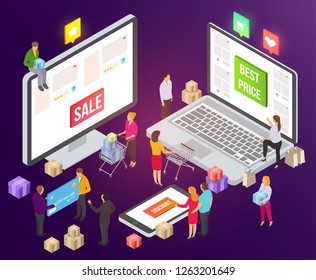 Vector isometric composition with electronic digital mobile devices and people. Colorful minimalistic concept for online shopping, marketing and e-commerce. Vivid business illustration.