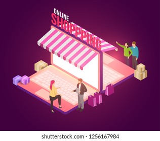 Vector isometric composition with laptop and people. Colorful minimalistic concept for online shopping, marketing and e-commerce. Vivid business illustration.