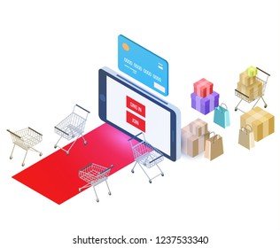 Vector isometric composition with smartphone. Colorful minimalistic concept for online shopping, marketing and e-commerce. Vivid business illustration.