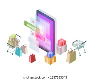 Vector isometric composition with smartphone. Colorful minimalistic concept for online shopping, marketing and e-commerce. Vivid business illustration.