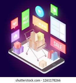 Vector isometric composition with smartphone. Colorful minimalistic concept for online shopping, marketing and e-commerce. Vivid business illustration.