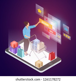 Vector isometric composition with smartphone. Colorful minimalistic concept for online shopping, marketing and e-commerce. Vivid business illustration.