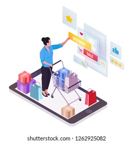 Vector isometric composition with smartphone. Colorful minimalistic concept for online shopping, marketing and e-commerce. Vivid business illustration.