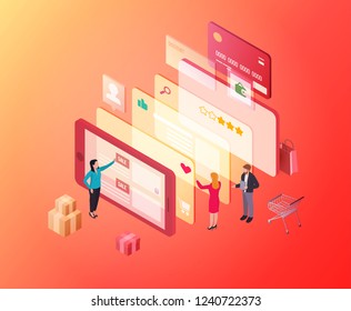 Vector isometric composition with smartphone and people. Colorful minimalistic concept for online shopping, marketing and e-commerce. Vivid business illustration.