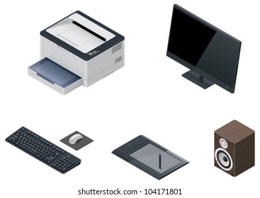 Vector isometric computer accessories icon set. Printer, monitor, keyboard and graphic tablet