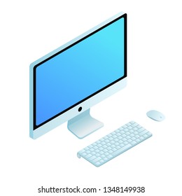
Vector isometric computer illustration. White large computer with keyboard and mouse. Wireless screen.