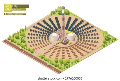 Vector isometric concentrated solar power plant. Concentrating solar power or concentrated solar thermal system with power tower and mirrored heliostats