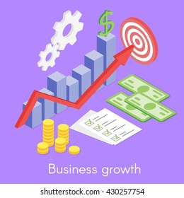 Vector isometric concept for business growth, money and list of goals. Statistical diagram. 