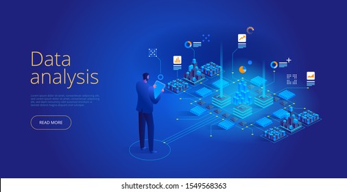 Vector isometric concept of Data analysis. Network mainframe infrastructure website layout. Technician in datacenter or data center room background. Computer storage or farming workstation.