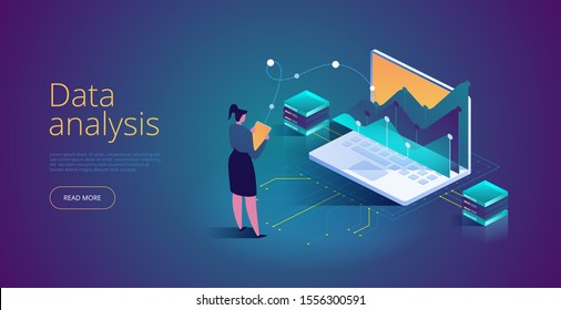 Vector isometric concept of Data analysis. Network mainframe infrastructure website layout. Technician in datacenter or data center room background. Computer storage or farming workstation.