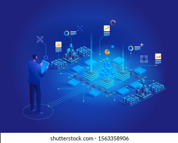 Vector Isometric Concept Of Data Analysis. Network Mainframe Infrastructure Website Layout. Technician In Datacenter Or Data Center Room Background. Computer Storage Or Farming Workstation.