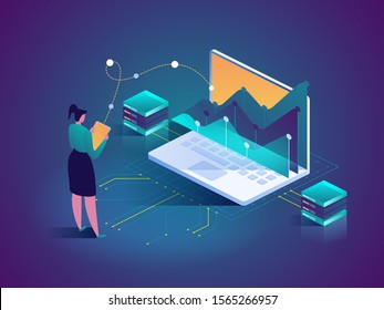 Vector isometric concept of Data analysis. Network mainframe infrastructure website layout. Technician in datacenter or data center room background. Computer storage or farming workstation.