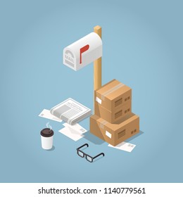 Vector isometric concept illustration of mail delivery. Cardboard boxes, letters, coffee, glasses and newspaper over classic american mailbox.