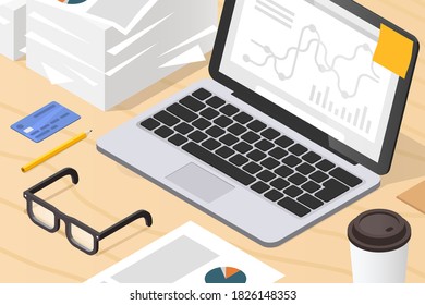 Vector Isometric Concept Illustration Of Office Work Station. Laptop Computer With Sticky Note, Glasses, Finance Documents, Stacks Of Paper, Diagram, Cup Of Hot Coffee.