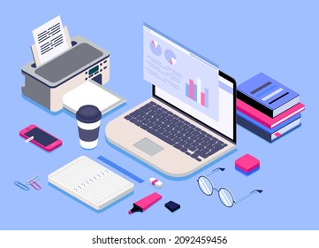 Ilustración de concepto vectorial isométrico del espacio de trabajo de oficina para empresas, administración, freelance, TI. Portátil, teléfono móvil, suministros de oficina, café, gafas, diagrama, infografía de stock de finanzas en el escritorio