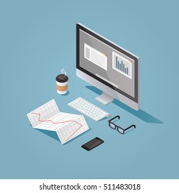 Vector Isometric Concept Illustration Of Office Work Station. Desktop Computer, Glasses, Phone, Diagram, Keyboard, Cup Of Hot Coffee, Finance Stock Infographic.