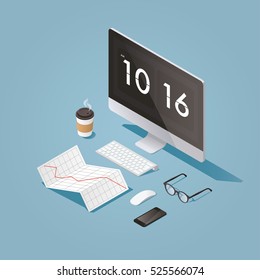 Vector Isometric Concept Illustration Of Office Work Station. Desktop Computer, Glasses, Phone, Diagram, Keyboard, Cup Of Hot Coffee, Finance Stock Infographic.