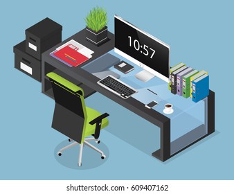 Vector isometric concept illustration of office working place