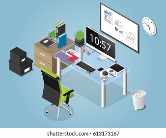 Vector isometric concept illustration of office working space