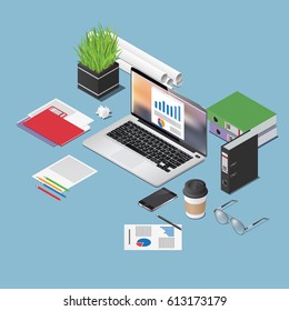 Vector isometric concept illustration of office working space