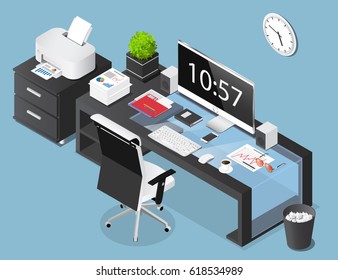 Vector Isometric Concept Illustration Of Office Work Station. 