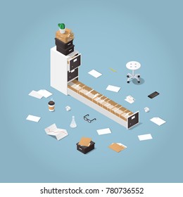 Vector isometric concept illustration. Opened file storage cabinet with lost of patients files and documents with medical office supplies around. Illustration of doctors office.