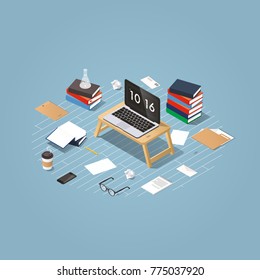 Vector isometric concept illustration of studying process at home. Ð¡ozy work space with laptop on wooden coffee table, open books, glasses, phone, coffee, papers, pen, folder and other stationery.