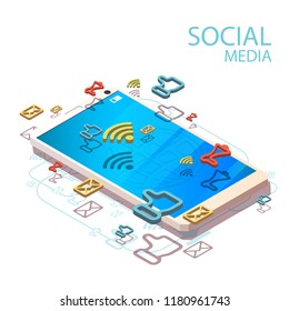 Vector isometric concept with mobile phone. Social media icon on isolate white background.