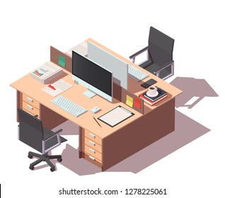 Vector isometric concept office desk with two workplaces. Workspace with office stationery and equipments. Monitors, keyboards, mouses, a cup of coffee, books, paper documents n others.