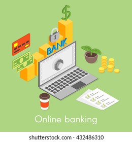 Vector isometric concept for online banking, credit card, money, padlock. Statistical diagram.