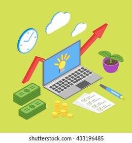 Vector isometric concept for online business. Money, laptop and list of goals. 