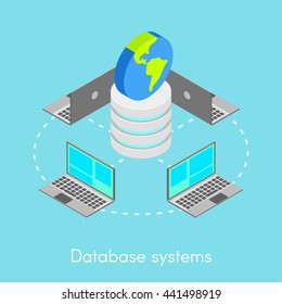 Vector Isometric Concept For Online Database Systems. Notebooks Connected To One Network.