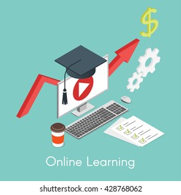 Vector isometric concept for online learning, education and self-development. Computer and graduation cap.