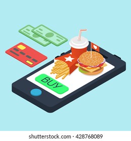 Vector isometric concept for online purchase of fast food. Vector illustration of isometric food: burger, French fries and cola. Fast food concept.