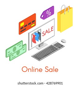 Vector isometric concept for online shopping or sale. Credit card, money, and smartphone.