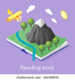 Vector isometric concept for reading book. Open book with mountain and trees. Plane flying in the sky. 