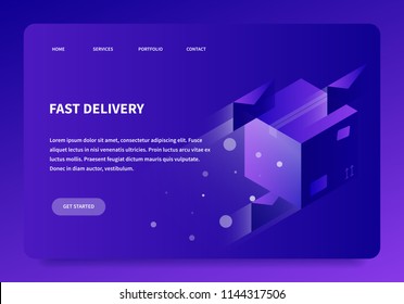 Vector isometric concept shipping illustration. Fast flying cardboard box and letters. Neon style futuristic landing page.
