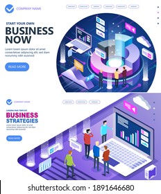 Vector Isometric Concept of site Business strategies and Business finance vector concept, Business people working together and developing a successful business  strategy, Vector  illustration