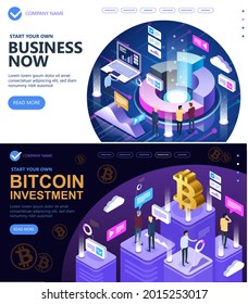 Vector Isometric Concept of site Business strategies  and Bitcoin cryptocurrency, Business people working together and developing a successful business  strategy, Vector illustration