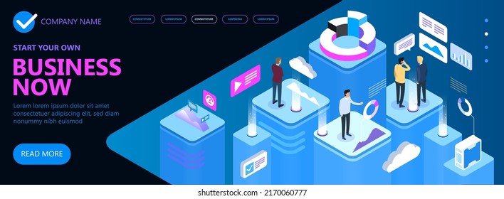 Vektor-Isometrisches Konzept von Site Business Strategy und Business Finance Vektorkonzept, Geschäftsleute, die zusammenarbeiten und eine erfolgreiche Geschäftsstrategie entwickeln, Vektorgrafik