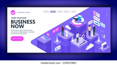 Concepto vectorial isométrico del sitio Estrategias empresariales y concepto vectorial de la financiación empresarial, personas de negocios trabajando juntos y desarrollando una estrategia empresarial exitosa, ilustración vectorial