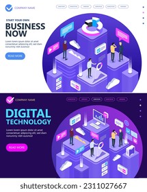 Vector Isometric Concept of site Business strategies and Business finance vector concept, Business people working together and developing a successful business  strategy, Vector  illustration