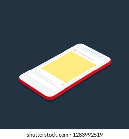 vector isometric concept smartphone with social network application background.