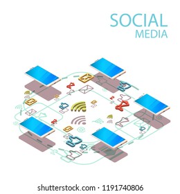 Vector isometric concept social media communication with smartphones. Social media icon. Vector illustration.