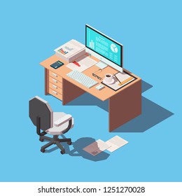 Vector isometric concept of workplace with computer and office equipment. Isolated background.