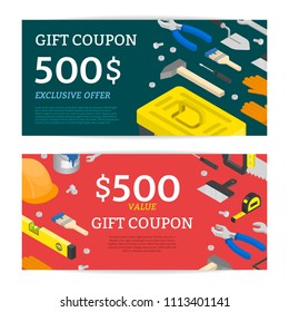Vector isometric construction tools gift coupon templates. House remodeling equipment tools voucher. 3D repair and building instruments. Helmet, pliers, axe, spanner and helmet objects illustration