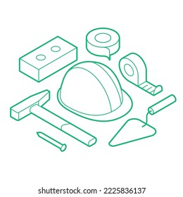 Vector isometric construction tools illustration. Hardhat, hummer, brick, measure-tape and trowel. Industrial building, bricklaying, renovation and house construction concept. Outline icon design.