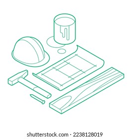 Vector isometric construction tools illustration. Blueprint with helmet, hummer, wooden plank and paint bucket. Apartment room renovation and house construction concept. Outline design.