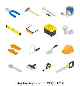 Vector isometric construction tools set. House remodeling equipment in isometry. 3D repair and building instruments. Helmet, pliers, axe, spanner and helmet objects illustration