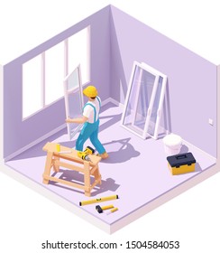 Vector isometric construction worker holding new white window at windows installation. Home room interior, toolbox, hand drill